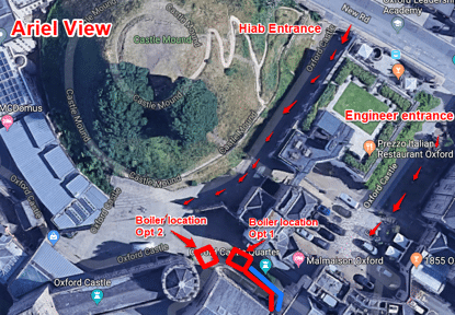 ariel view of temporary boiler location at oxford castle hotel 