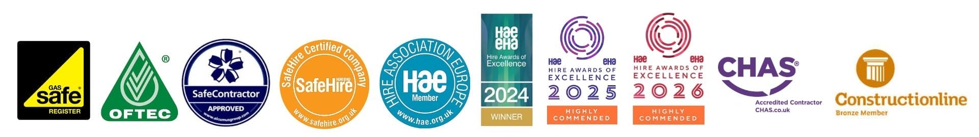 Ideal Heat Solutions accreditations including Gas Safe Register, OFTEC, SafeContractor Approved, SafeHire Certified Company, Hire Association Europe (HAE) Member, Hire Awards of Excellence Winner 2024, Highly Commended 2025, Finalist and Highly Commended 2026, CHAS Accredited Contractor, and Constructionline Bronze Member.